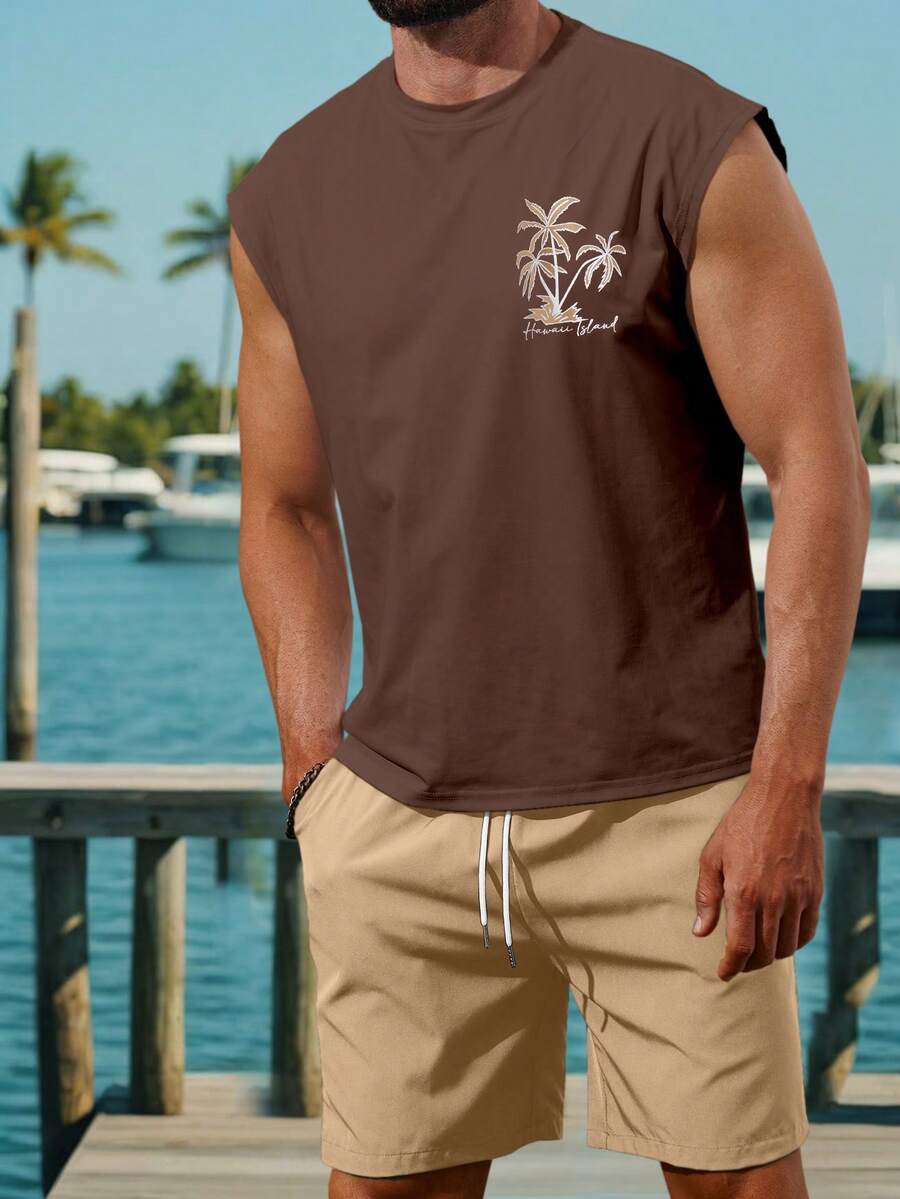 Genlund Men's Casual Coconut Tree Print Tank Top And Shorts Set - Multicolor - View 1