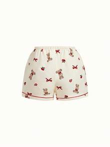 Bonmuse 3pcs Women Spring/Summer Cute Loose Teddy Bear, Cherry Blossom & Bow Print Pocket Front Button Short Sleeve Top, Shorts & Pants Pajama Set, Comfortable Loungewearfor Summer - Beige - View 9