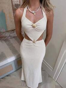 Nevyona 女士岛屿风情春夏秋季性感度假风连衣裙，露腰设计，挂脖系带，前系带连衣裙 - 杏色 - 查看 6