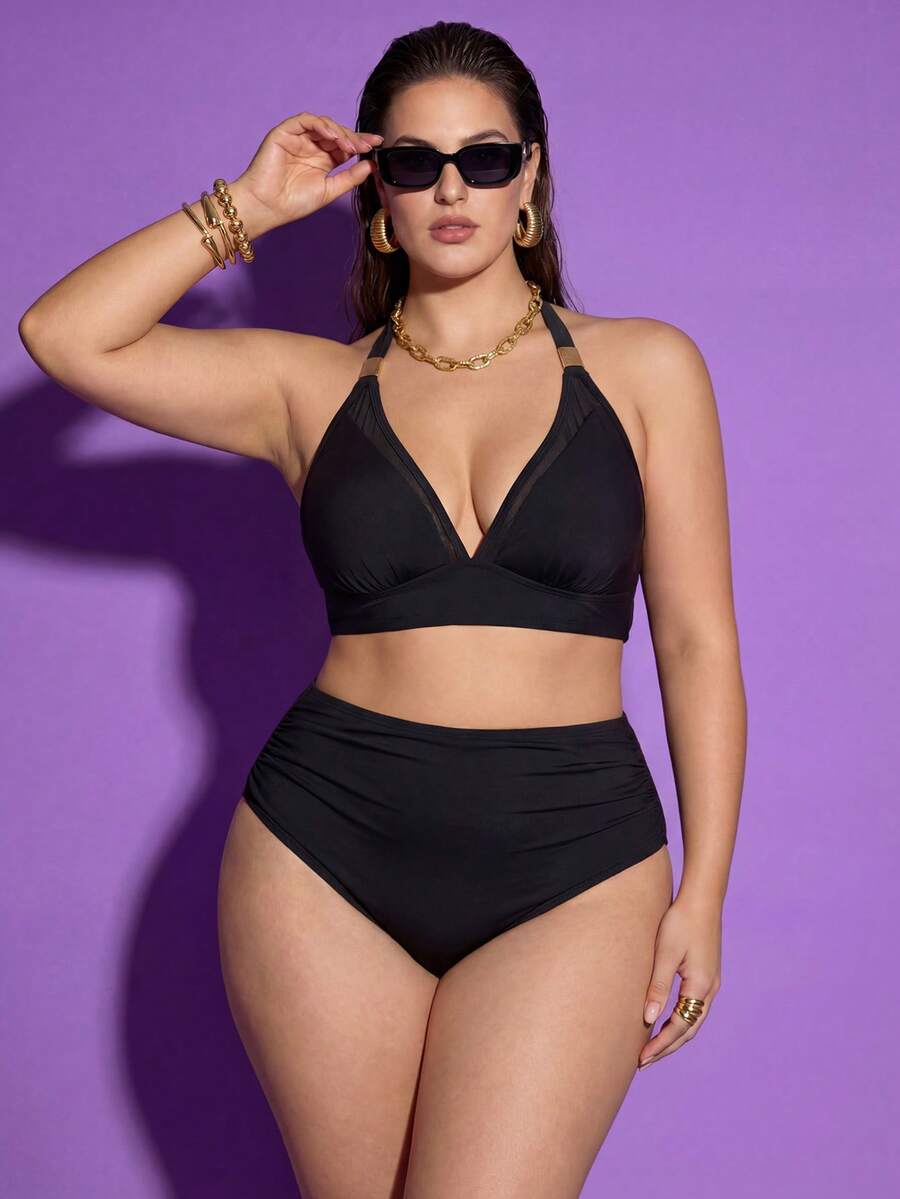 Shapewave Plus Size Women's Solid Color Summer Beach Vacation Swimsuit Set - Black - View 1