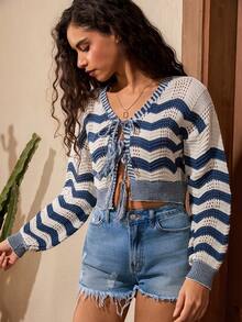 SHEIN كارديجان نسائي بتفاصيل فيونكة بخطوط أزرق نافي وأبيض - أزرق بحري - مشاهدة 4