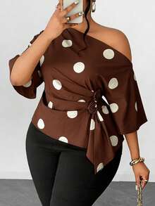 Maweii Spring, Summer, Autumn Oblique Shoulder Ruffle Sleeve Rose Waist Handkerchief Hem Solid Color Elegant Chic Commuting Design Sense High-End Vacation Daily Wear New Essential Plus Size Women Blouse - Brown - View 6