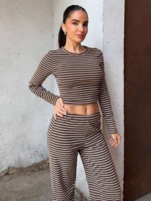 Marta Soriano Women's Casual Homewear Pajama Set, Includes Striped Crew Neck Long Sleeve Tee And Loose Striped Straight Leg Pants, Suitable For Daily Wear, Sports, Autumn/Winter, Back To School Clothes Brown Striped Two Piece Set,For Daily,Office,Outgoing - Brown - View 7