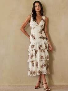 Revavyn Women Elegant Summer Deep V-Neck Sleeveless Maxi Dress,White And Brown Floral Print Chiffon Layered Ruffle Hem For Day Party Funeral Gender Reveal - Multicolor - View 2