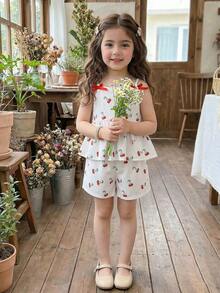 SHEIN Conjunto de camiseta de tirantes y pantalones cortos con estampado de cerezas para niña, verano - Blanco - Ver 1