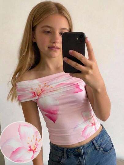 SHEIN Top corto ajustado con estampado floral tropical para niña preadolescente, uso versátil para el verano, diseño de cuello alto y hombros descubiertos, elegante para vacaciones, campo, playa, té de la tarde y otras ocasiones, adecuado como blusa formal o linda