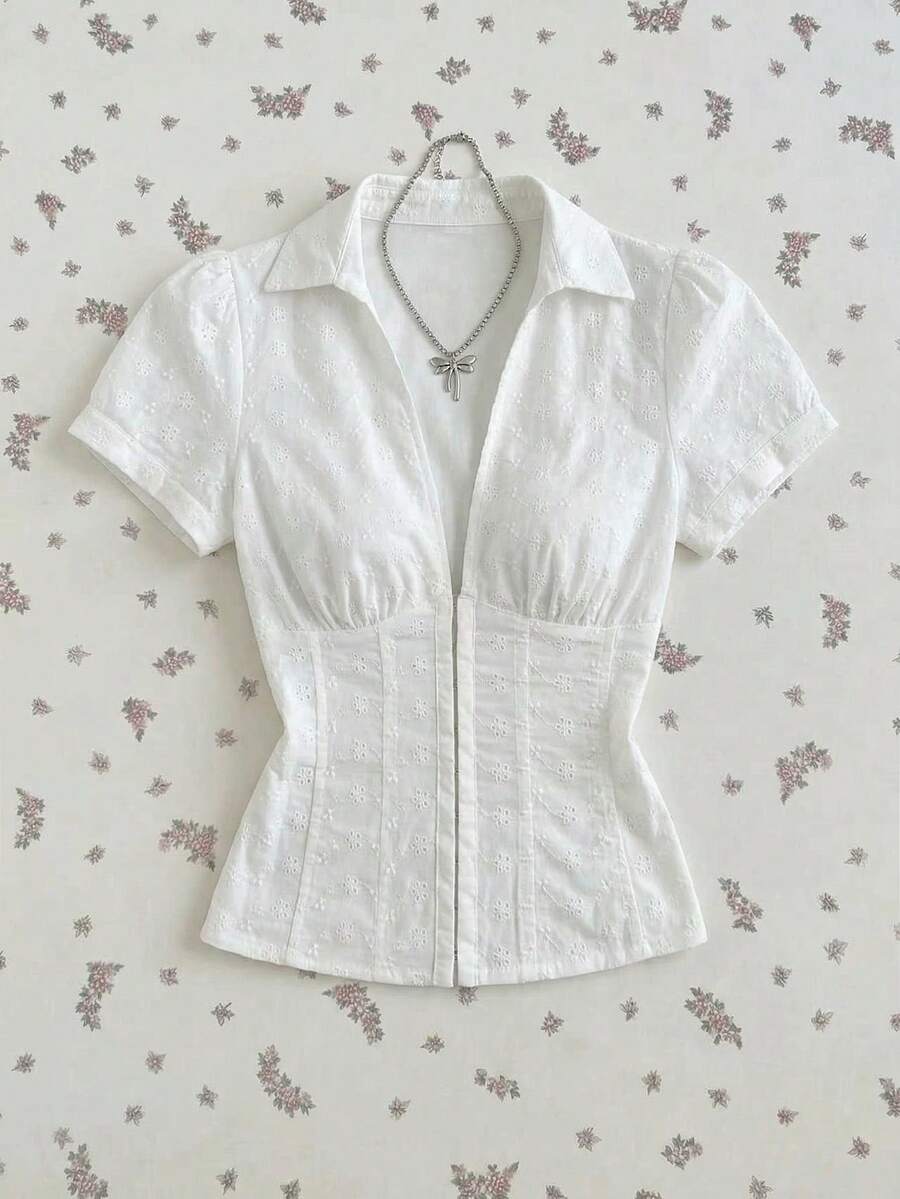 Elamini Women's Shirt, Embroidered Fabric, Fitted Waist, Deep V-Neck, White Women's Shirts For Summer Women's Work Tops Women's Work Clothes For The Office Working Blouse Work Outfits Women - White - View 1