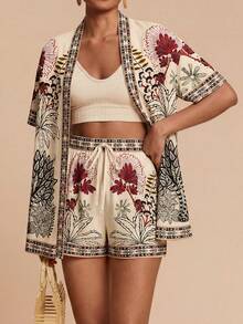 Travachic 2pcs Vacation Chiffon Loose Shirt & High Waist Loose Shorts Set For Women,Vacation Outfits Women,Summer Outfits For Women - Multicolor - View 3