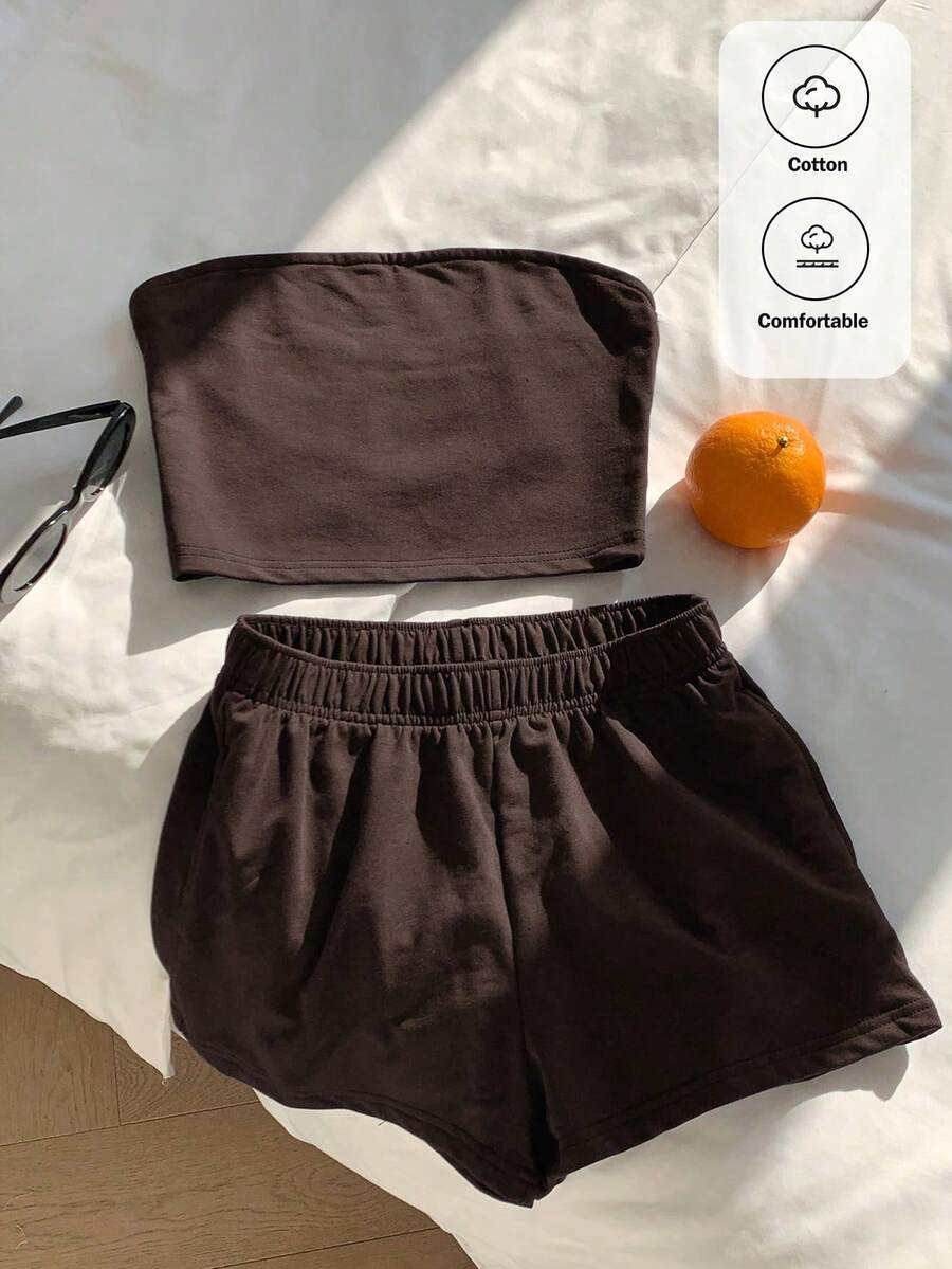 Comfortcana Bộ 2 món áo croptop và quần short nữ màu nâu cà phê, thích hợp mặc mùa hè. - Cà phê nâu - Xem 1