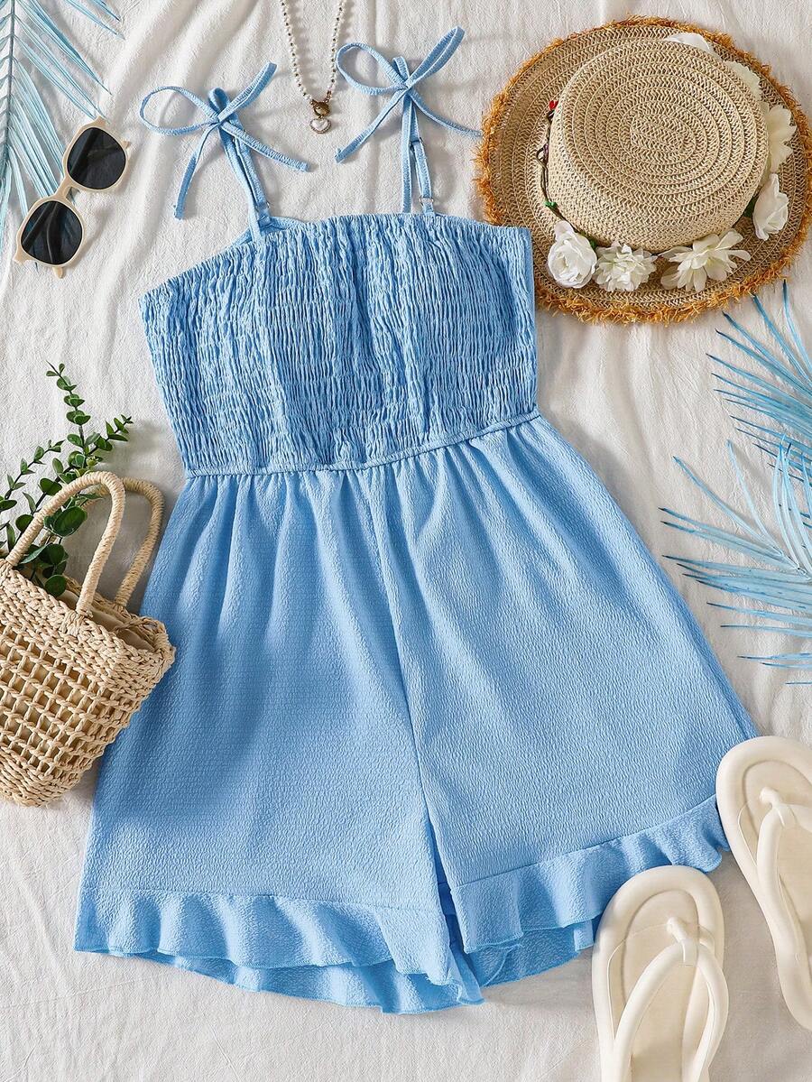 Bộ đồ liền thân thanh lịch giản dị cho bé gái tuổi teen, quần yếm dệt trơn màu xanh lam bó sát, mùa xuân và mùa hè, thích hợp mặc ngoài trời và đi nghỉ - Màu xanh lam - Xem 1