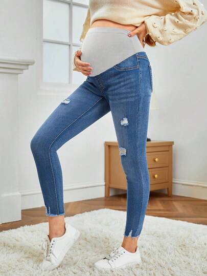 SHEIN Maternity Washed Distressed Elastic Frayed Hem Skinny Jeans