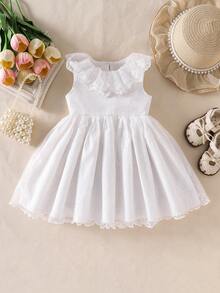 SHEIN Baby Girl Solid Color Lace Collar Sleeveless Dress - White - View 4