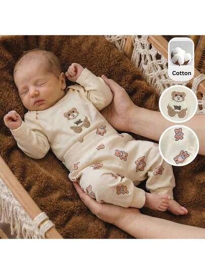 Loomiva Newborn Baby Girl/Boy Cartoon Bear Pattern Knit Soft Round Neck Long Sleeve Romper & Elastic Waist Pants 2pcs Set