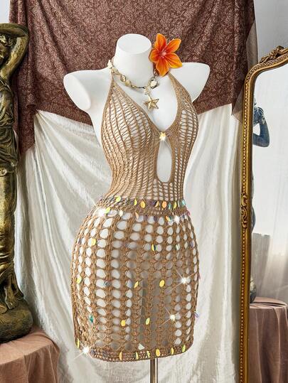 Sweetra 大码V领性感春夏系带镂空亮片针织连衣裙