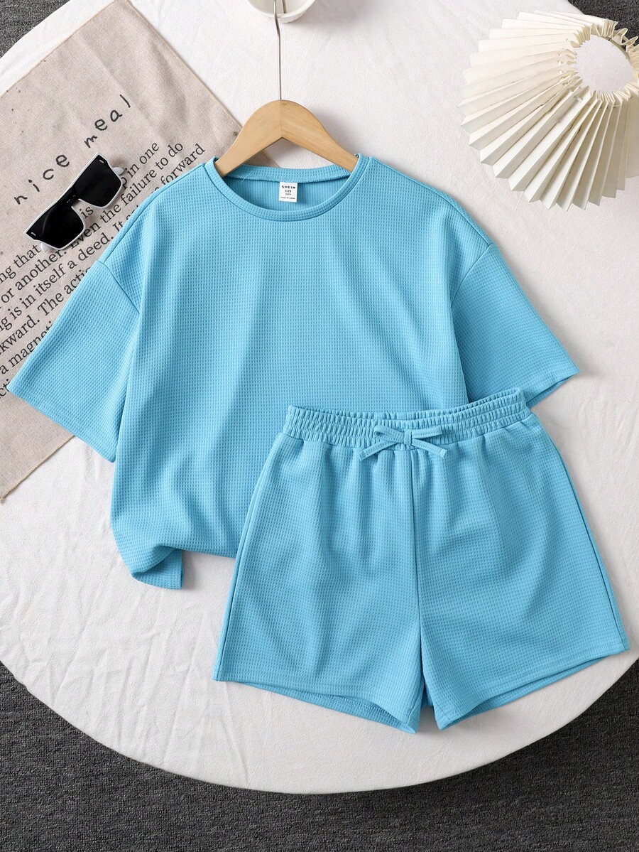 SHEIN LMoss Kids LMoss 少女针织纯色宽松短袖上衣和短裤休闲套装 - 薄荷藍 - 查看 1