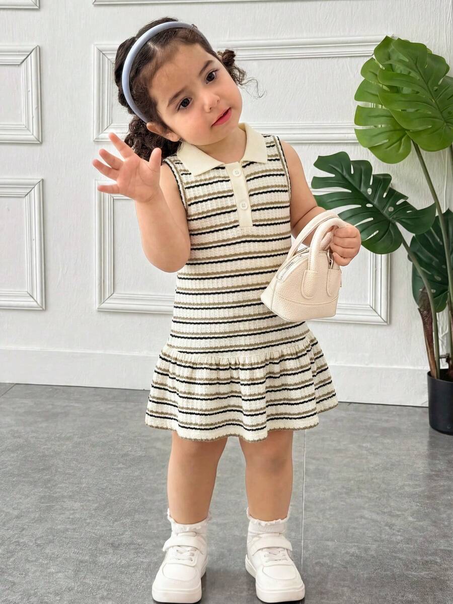女宝宝夏季休闲度假日常通勤撞色条纹印花 Polo 领荷叶边下摆无袖连衣裙 - 卡其色 - 查看 1