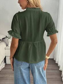 EMERY ROSE Women's Casual Boho Vacation Textured V-Neck Ruffle Splice Petal Sleeve Blouse, Spring/Summer Vacation Dark Green - Army Green - View 2
