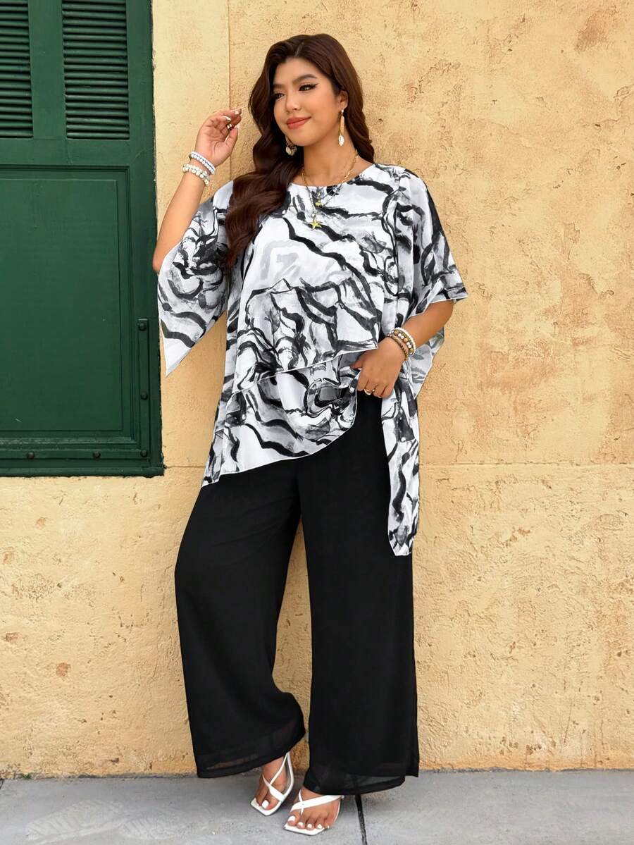 Weeklong Plus Size Chiffon Asymmetrical Layered Flare Sleeve Top + Double-Layer Chiffon Wide Leg Pants 2 Pieces Set, Casual Vacation Commute - Multicolor - View 1