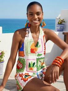 Travachic 2026 New Women's Halter Neck Printed Backless Tie-Up Crop Top + Shorts 2 Pieces Set - Multicolor - View 2