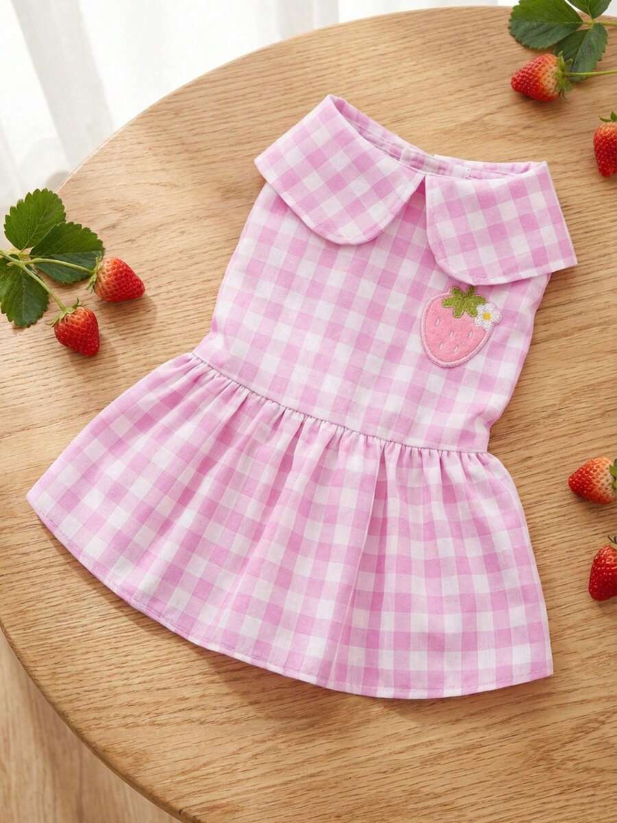 1 pieza Vestido de mascota con estampado de cuadros rosas y fresas, estilo francés elegante - Multicolor - Ver 1