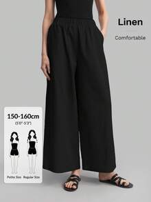 Ontre Petite PETITE 2026SS Linen Blend Women's Wide Leg Pants, Summer Loose Fit Black Casual Trousers, Office Wear, Business Casual, Retro, Urban Minimalist, Woven Fabric, Versatile, Elegant, Suitable For Small Stature, Daily, Beach, Music Festival, Graduation - Black - View 5