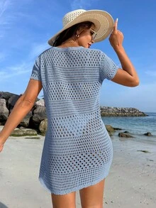 Swim Vcay 女士夏季穿搭 时尚纯色镂空沙滩罩衫，夏季度假风 - 淺藍色 - 查看 2