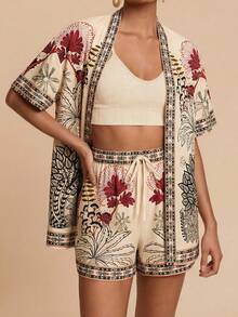 Travachic 2pcs Vacation Chiffon Loose Shirt & High Waist Loose Shorts Set For Women,Vacation Outfits Women,Summer Outfits For Women - Multicolor - View 4