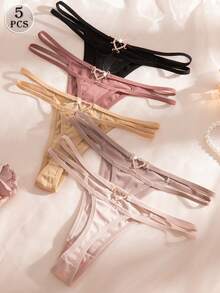 5 件套舒适心形装饰纯色丁字裤，女士休闲 T 型背心内裤 - 彩色 - 查看 3