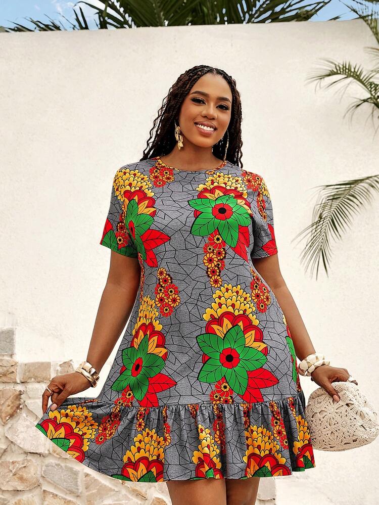 Plus Size Women Floral Print Round Neck Short Sleeve Casual Dress