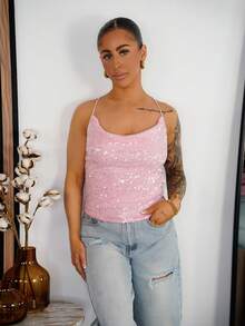SAYEHFBABY Women's New Sequin Plunging Neck Backless Camisole For Party, Pink Y2k Top - Pink - View 1