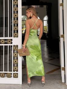 BiaLiraa Váy suông hở vai in họa tiết nhuộm chéo đeo chéo cho kỳ nghỉ giản dị dành cho nữ - màu xanh lá - Xem 5