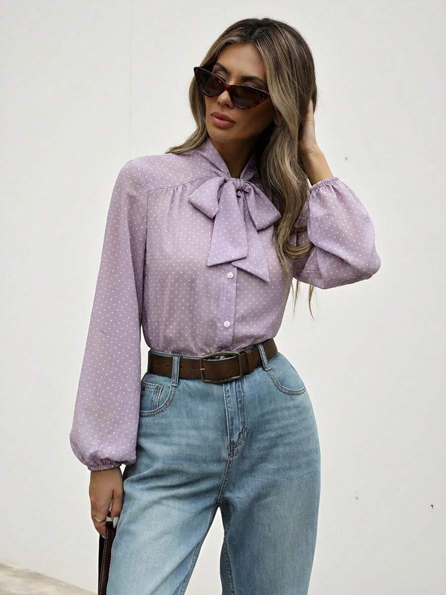 Aveloria Modichic Áo kiểu thanh lịch cổ điển chấm bi retro thắt nơ, chất liệu hơi xuyên thấu. - Màu tím hoa cà - Xem 1