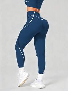 Seamluxe SHEIN Sport Leggings sportivi senza cuciture in vita alta con bordo a contrasto - Blu Navy - Visualizzare 3