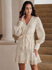 Anewsta Women's Elegant Lace Trim V-Neck Fashionable Bubble Bead Belted Short Dress, Formal, Fashionable, Going Out, Party - Beige - View 5