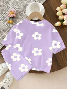 2 pièces/Set Filles Bébé (6 mois - 2-3 ans) Style rafraîchissant doux/énergique Taro violet Top à manches courtes col rond avec grande fleur blanche imprimée + Short, Ensemble léger doux et attrayant 2 pièces, Convient pour le port quotidien, l'école, la plage, la journée des filles, printemps/été/automne - Multicolore - Voir 2