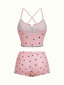 Bonmuse Women's Heart Printed Camisole Simple Daily Pajama Setfor Summer - Pink - View 3