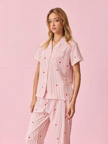 Bộ đồ ngủ ngắn tay in hình trái tim kẻ sọc dành cho nữ - Hồng - Xem 7