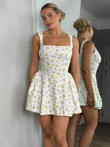 Bethéva 女式樱桃印花方领迷你连衣裙，时尚夏季 - 黃色 - 查看 4