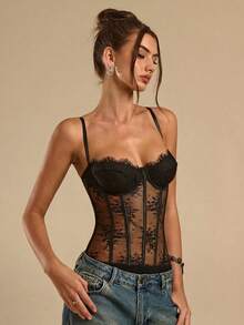 SHEIN BAE 女士黑色透视性感蕾丝连体衣，优雅性感连体衣，黑色连体衣 - 黑色 - 查看 4