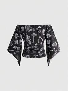 ROMWE Goth 大码时尚露肩骷髅翅膀蝙蝠植物印花喇叭袖T恤 - 黑色 - 查看 2