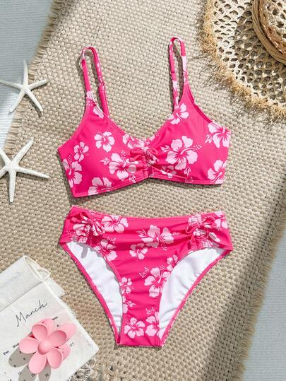 SHEIN 少女碎花比基尼套装，上衣中央系带，下装侧边系带，两件式泳衣，时尚休闲优雅，适合游泳、度假和夏季穿着。