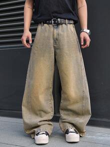 Manfinity EMRG Men's Casual Distressed Embroidered Vintage Denim Jeans - Light Yellow - View 6