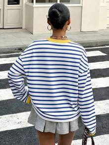 Muchica Áo thun dài tay cổ tròn viền sọc dáng rộng dành cho nữ cỡ lớn, thích hợp mặc mùa xuân/thu. - Nhiều màu - Xem 2