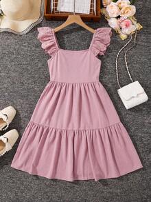 Emery Rose Kids Emery Rose Kids Đầm dệt trơn cổ vuông viền bèo cho bé gái tuổi teen màu be, đầm màu be cho bé gái, đầm màu sâm panh cho bé gái tuổi teen, đầm xếp nếp cho bé gái - Hồng - Xem 2