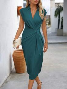 Wandoria Women Summer Solid Color Lapel Twisted Waist Ruffle Hem Dress Maxi Women Outfit - Teal Blue - View 3
