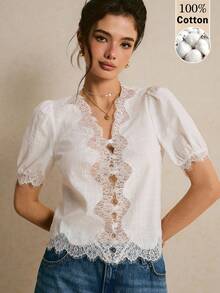 Poéselle Women's White 100% Cotton Blouse,Elegant Scalloped V-Neck Lace-Trim Puff-Sleeve Cottagecore Top,Vintage Summer Eyelet Shirt For Tea Party,Beach Outfit - White - View 3
