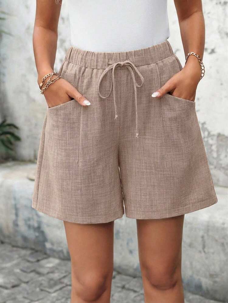 Plus Size Women's Summer Casual Khaki Shorts With Pockets,Loose Boho Beach Bermuda Shorts,Holiday Outfits,Fashionable Solid Color Outfits