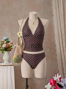 Bellisia Bộ đồ bơi nữ chấm bi buộc dây cổ kiểu tankini và quần tam giác, thích hợp cho kỳ nghỉ hè. - Màu xanh bạc hà - Xem 5