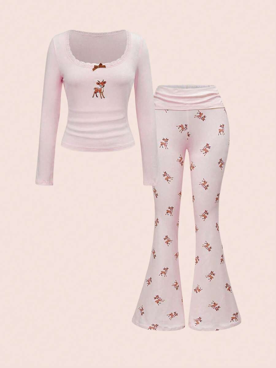 ROMWE Kawaii 大码可爱小鹿刺绣蕾丝上衣和小鹿印花喇叭裤两件套，秋冬款 - 粉色 - 查看 1