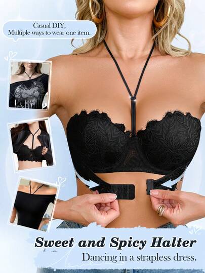 1件装女士钢圈蕾丝前扣支撑文胸